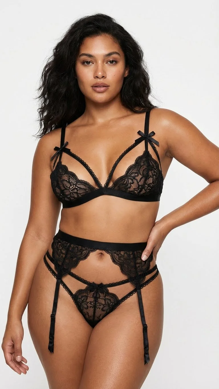 LunaIntim Kadın Fransız Jartiyer Takımı Dantel Detaylı Gece Siyahı - Arka Görünüm